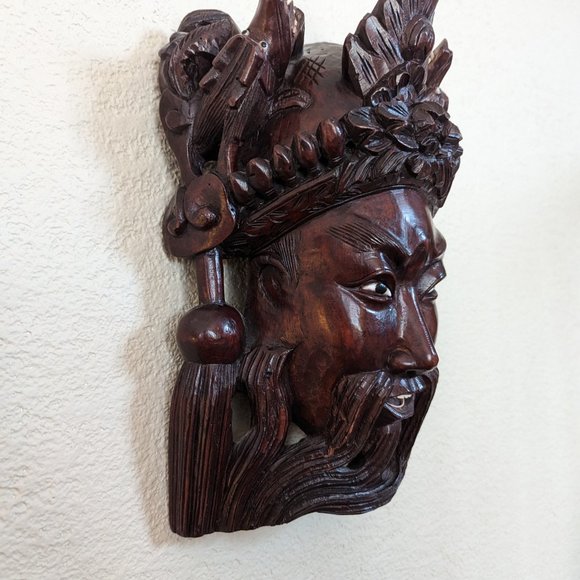Vintage Asian Chinese Emperor & Dragons Hand Carved Rose Wood Mask (10.5") - Picture 3 of 5